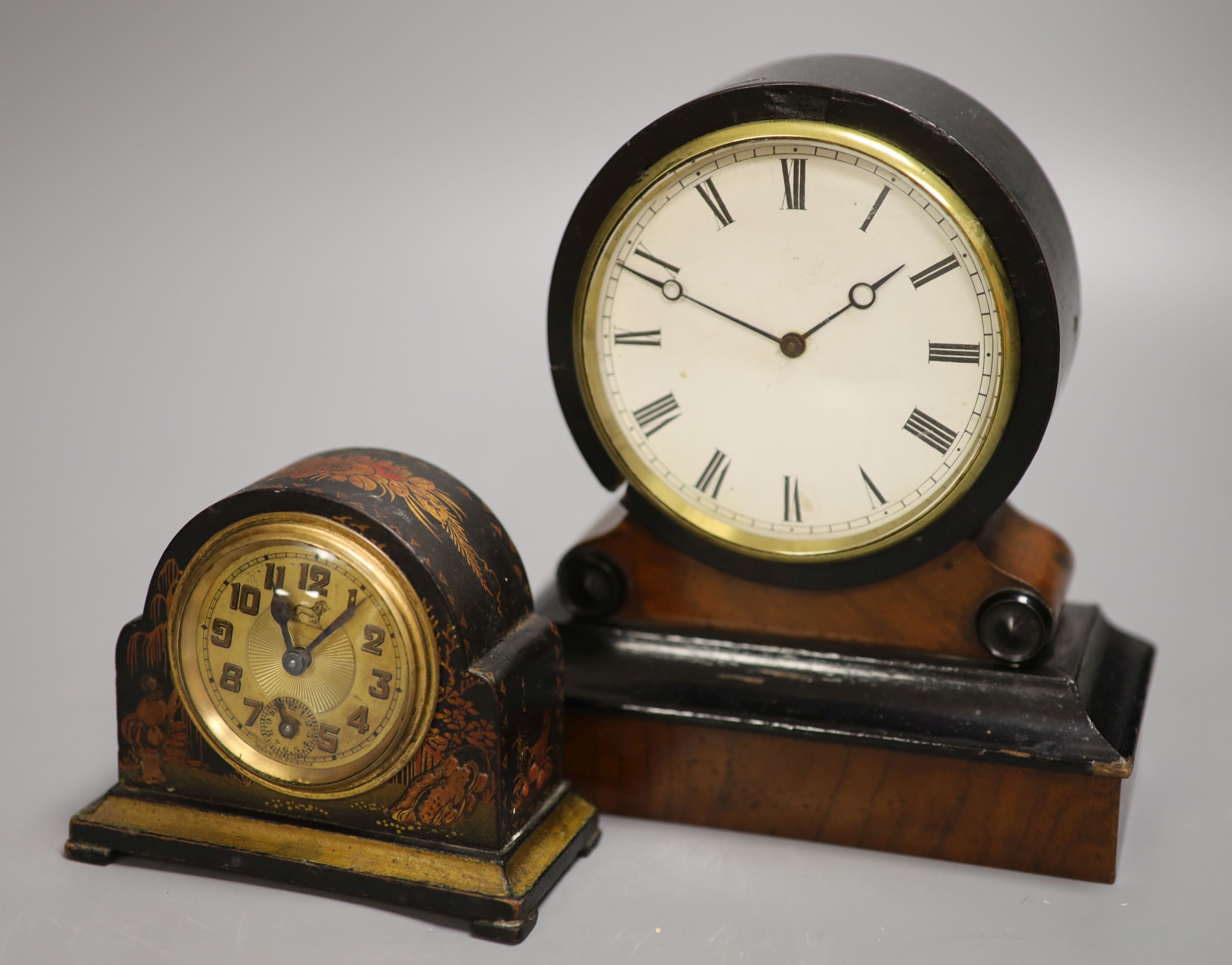 A Victorian ebonised and walnut small mantel timepiece with Brevet movement and a chinoiserie-decorated alarm clock, tallest 17cm